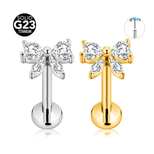 ASTM F136 G23 Titanium Butterfly CZ Threadless Piercing Daith Conch Tragus Flat Back Earring Pin Push in Lip Stud 16G 18G 20G