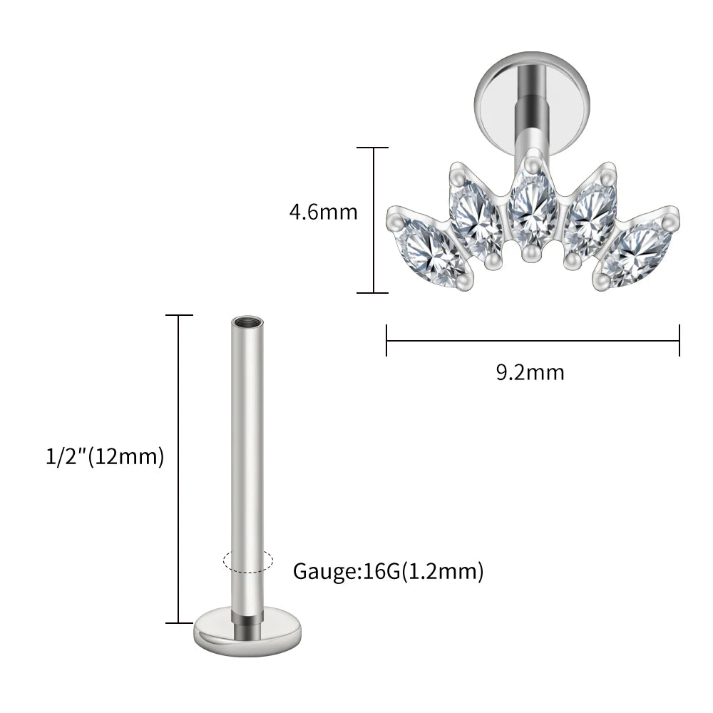 Right Grand ASTM F136 Titanium 5 Marquise CZ Crown Cartilage Earring 16G Cluster CZ Flat Back Helix Stud Nose Piercing Jewelry