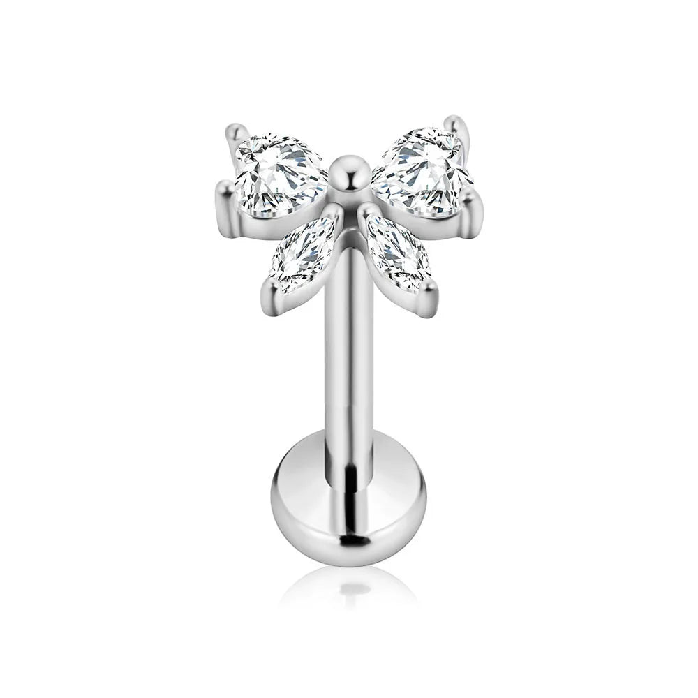 ASTM F136 G23 Titanium Butterfly CZ Threadless Piercing Daith Conch Tragus Flat Back Earring Pin Push in Lip Stud 16G 18G 20G