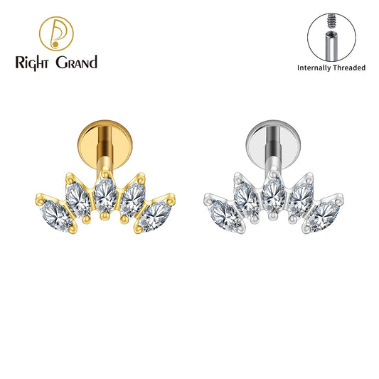 Right Grand ASTM F136 Titanium 5 Marquise CZ Crown Cartilage Earring 16G Cluster CZ Flat Back Helix Stud Nose Piercing Jewelry