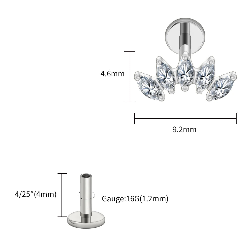Right Grand ASTM F136 Titanium 5 Marquise CZ Crown Cartilage Earring 16G Cluster CZ Flat Back Helix Stud Nose Piercing Jewelry