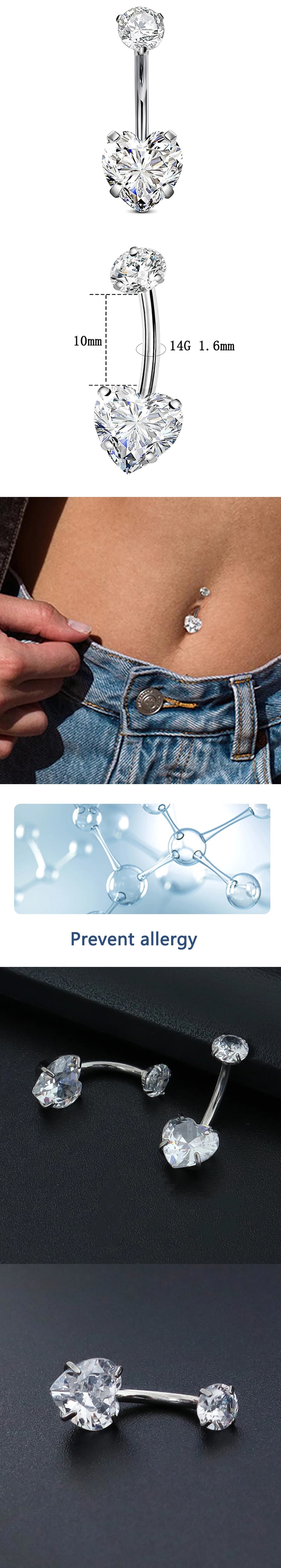 1 Pcs F136 Titanium Belly Button Nail Heart Zirconia 10mm Hanging Navel Ring One End Internal Thread Shiny Body Piercing Jewelry