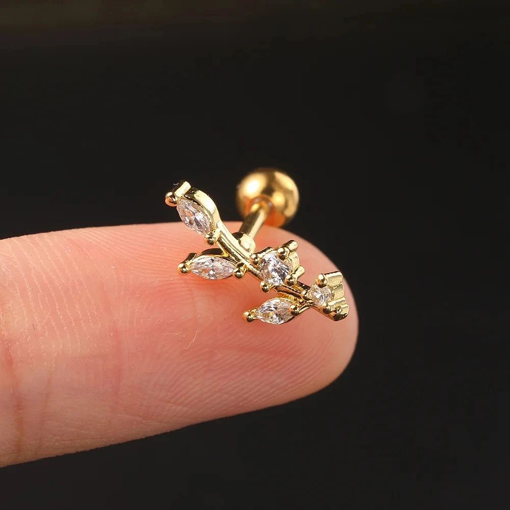 1PC New Curved Cz Cartilage Stud Moon Leaf  Helix Rook Conch Screw Back Earring Stainless Steel Bar Ear Piercing Jewelry