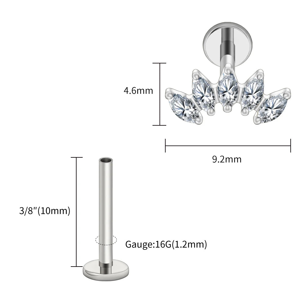 Right Grand ASTM F136 Titanium 5 Marquise CZ Crown Cartilage Earring 16G Cluster CZ Flat Back Helix Stud Nose Piercing Jewelry