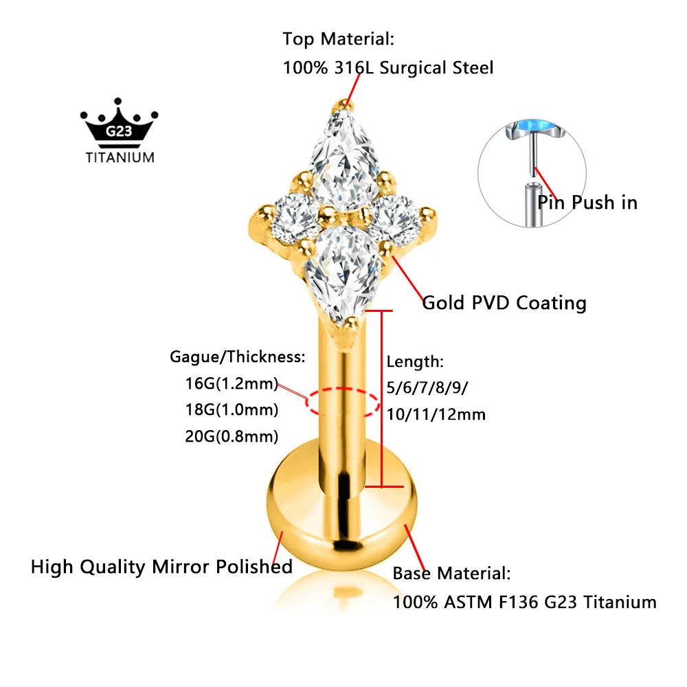 ASTM F136 G23 Titanium Star Teardrop Threadless Piercing Daith Conch Tragus Flat Back Earring Pin Push in Lip Stud 16G 18G 20G