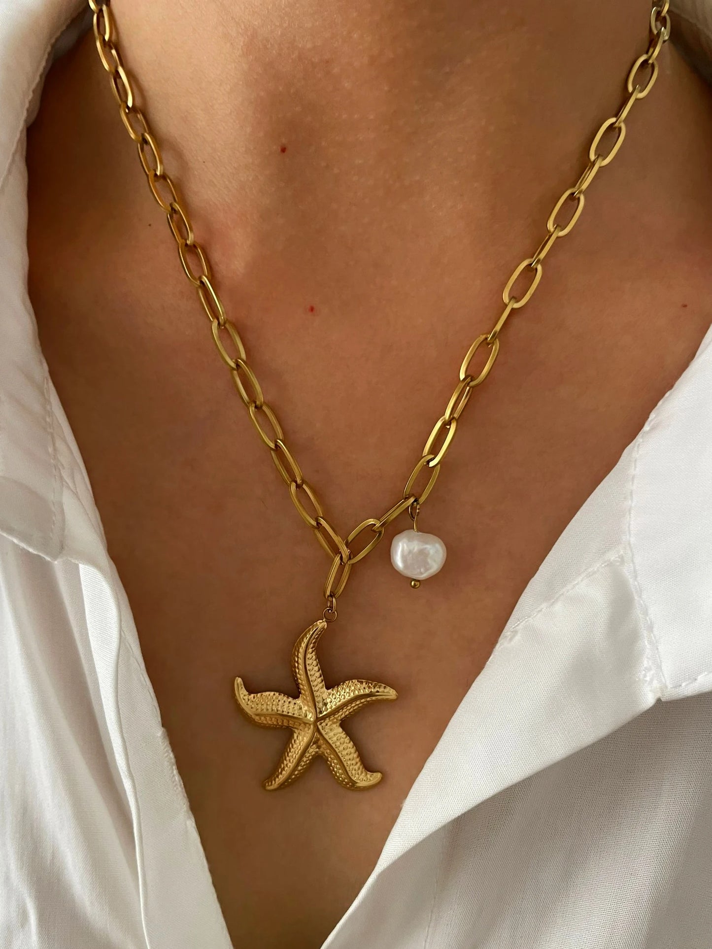 Peri'sbox 316L Stainless Steel Big Starfish Natural Freshwater Pearl Pendant Necklace for Women Trendy Summer Party Jewelry Gift