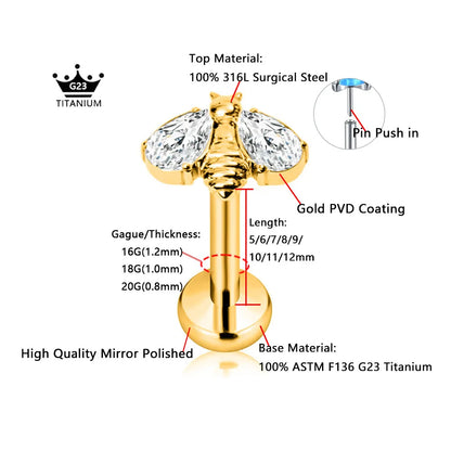 ASTM F136 G23 Titanium Bee Insect Threadless Piercing Daith Conch Tragus Flat Back Earring Pin Push in Lip Stud 16G 18G 20G