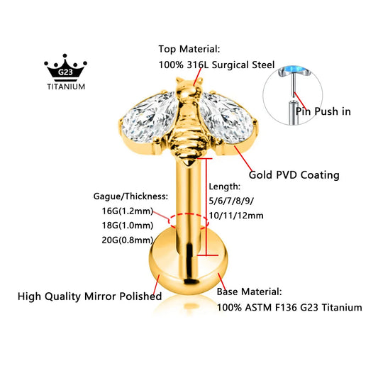 ASTM F136 G23 Titanium Bee Insect Threadless Piercing Daith Conch Tragus Flat Back Earring Pin Push in Lip Stud 16G 18G 20G