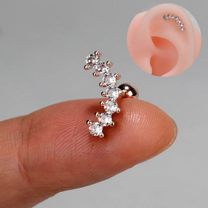 1PC New Curved Cz Cartilage Stud Moon Leaf  Helix Rook Conch Screw Back Earring Stainless Steel Bar Ear Piercing Jewelry