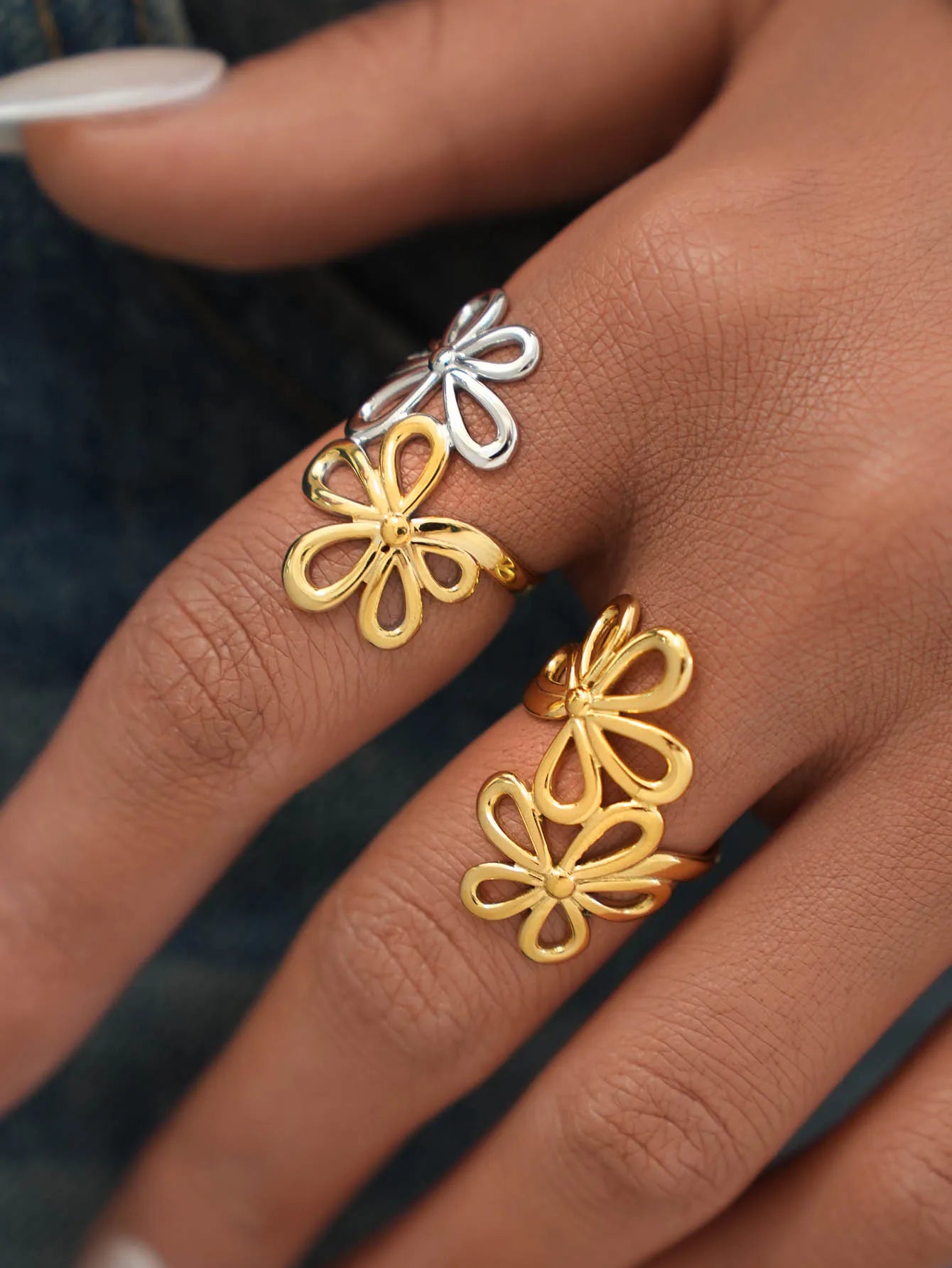 Irregular Flower Geometric Hollow Adjustable Open Rings For Women Stainless Steel Metal Trendy Charm Jewelry Accessories Gift