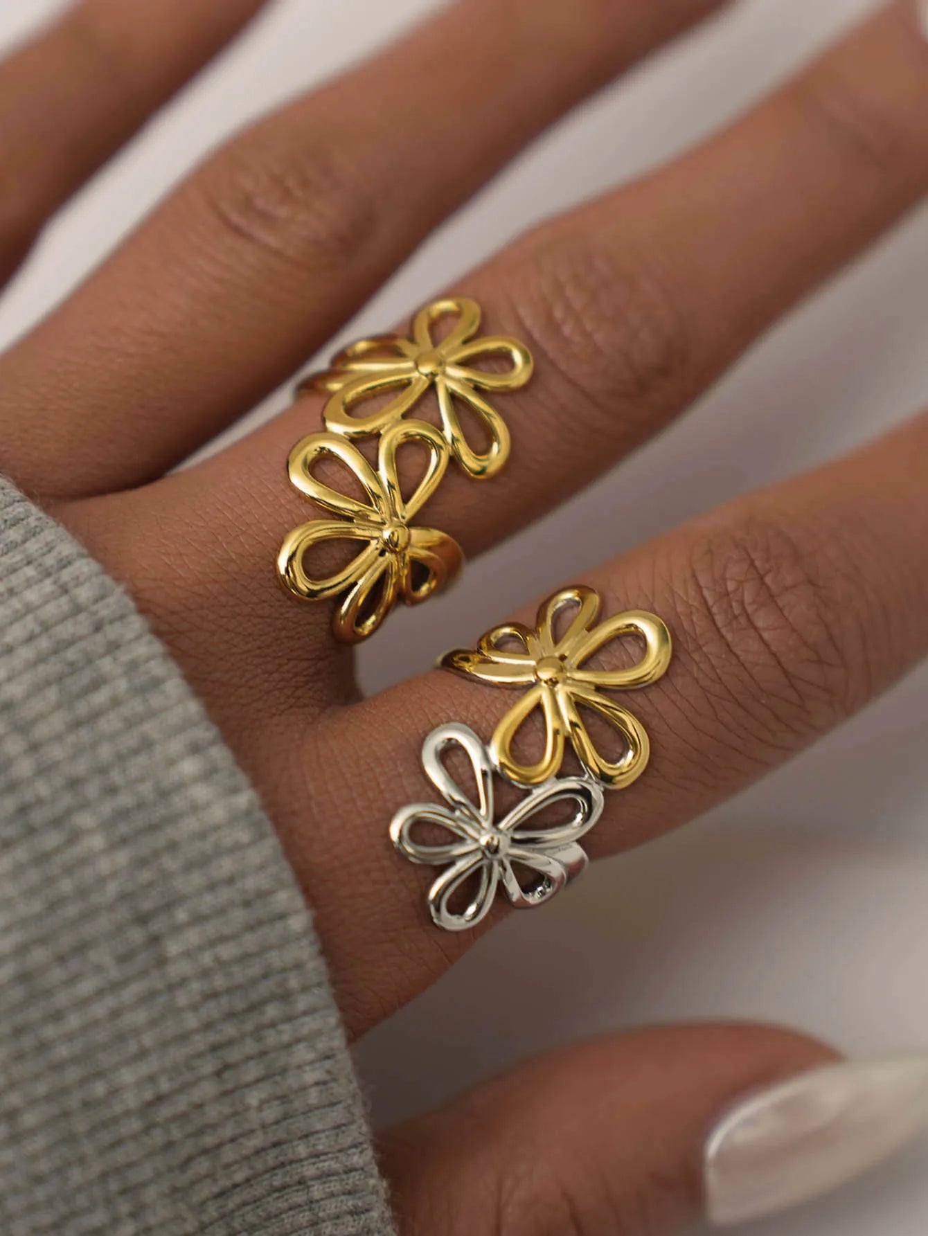 Irregular Flower Geometric Hollow Adjustable Open Rings For Women Stainless Steel Metal Trendy Charm Jewelry Accessories Gift