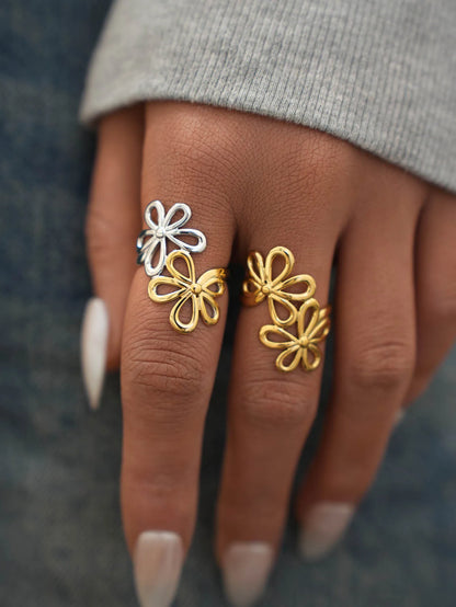 Irregular Flower Geometric Hollow Adjustable Open Rings For Women Stainless Steel Metal Trendy Charm Jewelry Accessories Gift