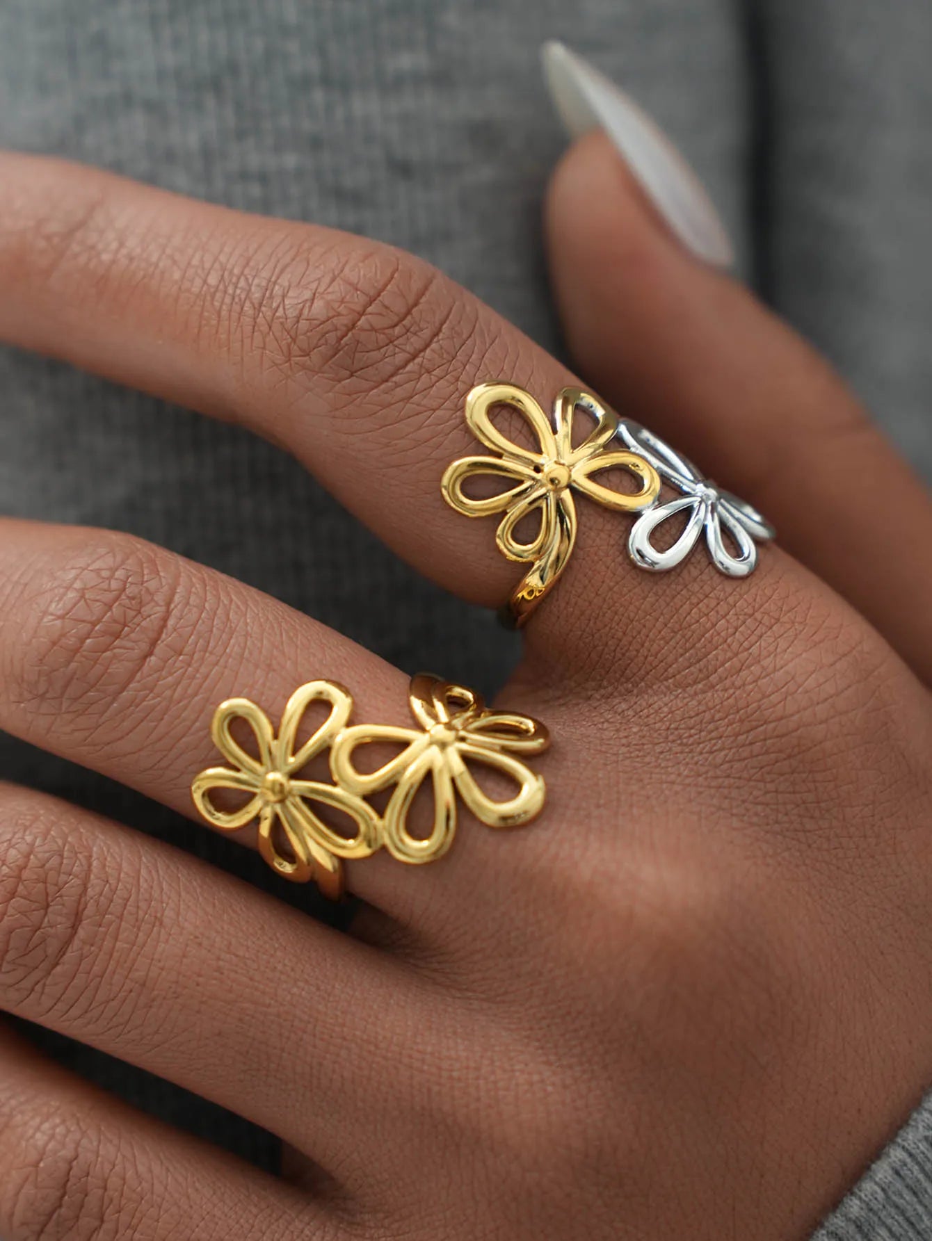 Irregular Flower Geometric Hollow Adjustable Open Rings For Women Stainless Steel Metal Trendy Charm Jewelry Accessories Gift
