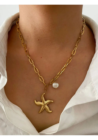 Peri'sbox 316L Stainless Steel Big Starfish Natural Freshwater Pearl Pendant Necklace for Women Trendy Summer Party Jewelry Gift