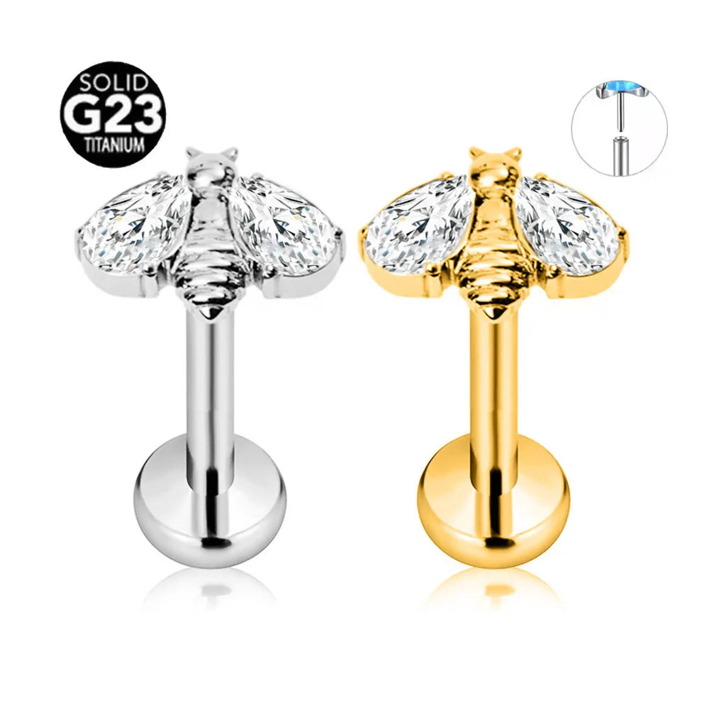 ASTM F136 G23 Titanium Bee Insect Threadless Piercing Daith Conch Tragus Flat Back Earring Pin Push in Lip Stud 16G 18G 20G