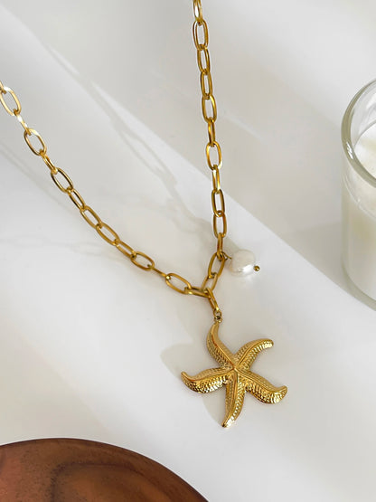 Peri'sbox 316L Stainless Steel Big Starfish Natural Freshwater Pearl Pendant Necklace for Women Trendy Summer Party Jewelry Gift