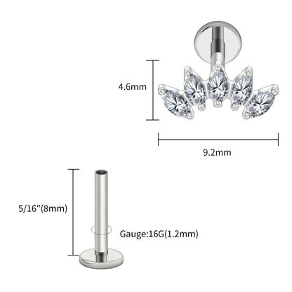 Right Grand ASTM F136 Titanium 5 Marquise CZ Crown Cartilage Earring 16G Cluster CZ Flat Back Helix Stud Nose Piercing Jewelry