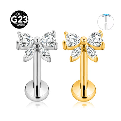 ASTM F136 G23 Titanium Butterfly CZ Threadless Piercing Daith Conch Tragus Flat Back Earring Pin Push in Lip Stud 16G 18G 20G