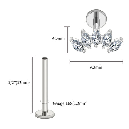 Right Grand ASTM F136 Titanium 5 Marquise CZ Crown Cartilage Earring 16G Cluster CZ Flat Back Helix Stud Nose Piercing Jewelry