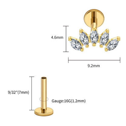 Right Grand ASTM F136 Titanium 5 Marquise CZ Crown Cartilage Earring 16G Cluster CZ Flat Back Helix Stud Nose Piercing Jewelry