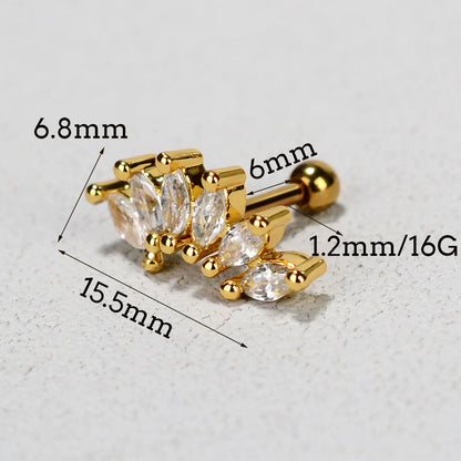 1PC New Curved Cz Cartilage Stud Moon Leaf  Helix Rook Conch Screw Back Earring Stainless Steel Bar Ear Piercing Jewelry