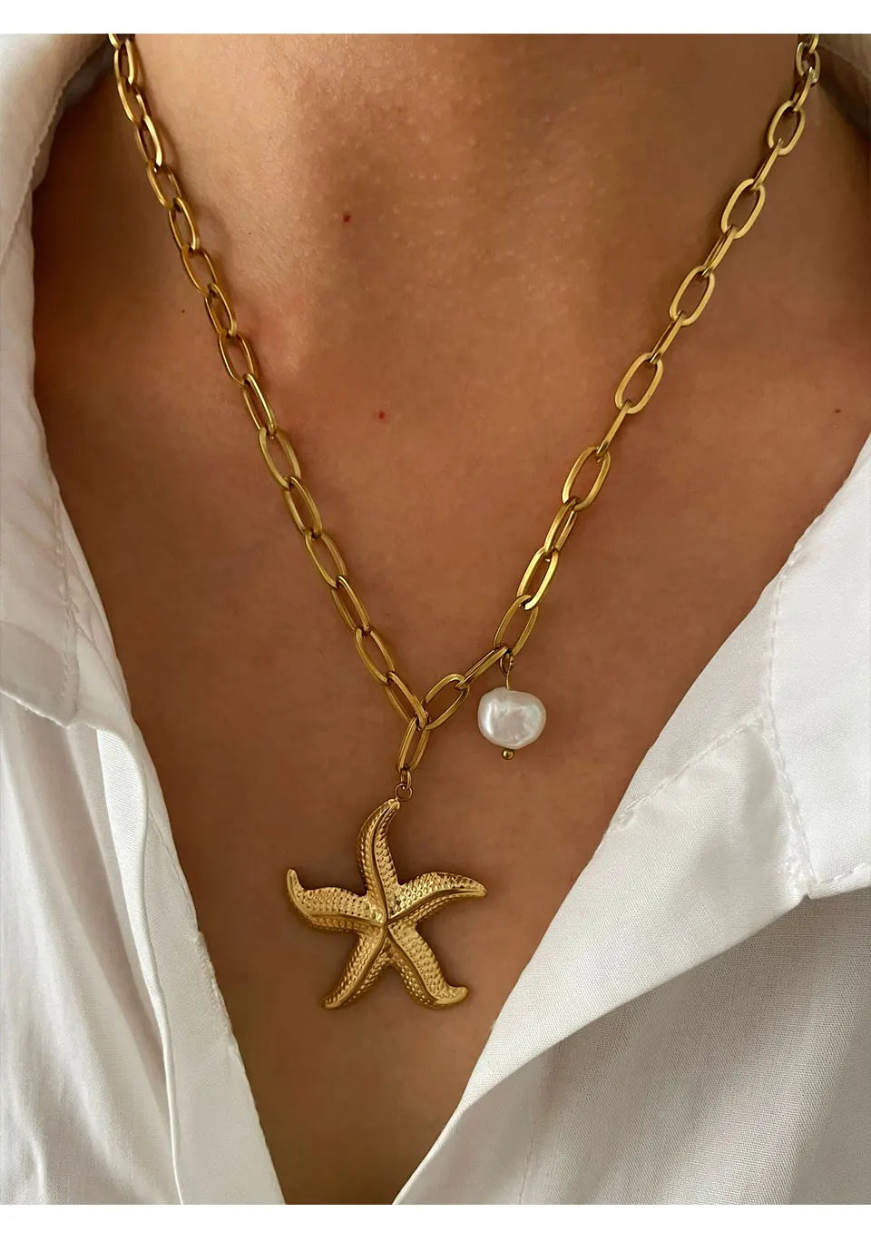 Peri'sbox 316L Stainless Steel Big Starfish Natural Freshwater Pearl Pendant Necklace for Women Trendy Summer Party Jewelry Gift