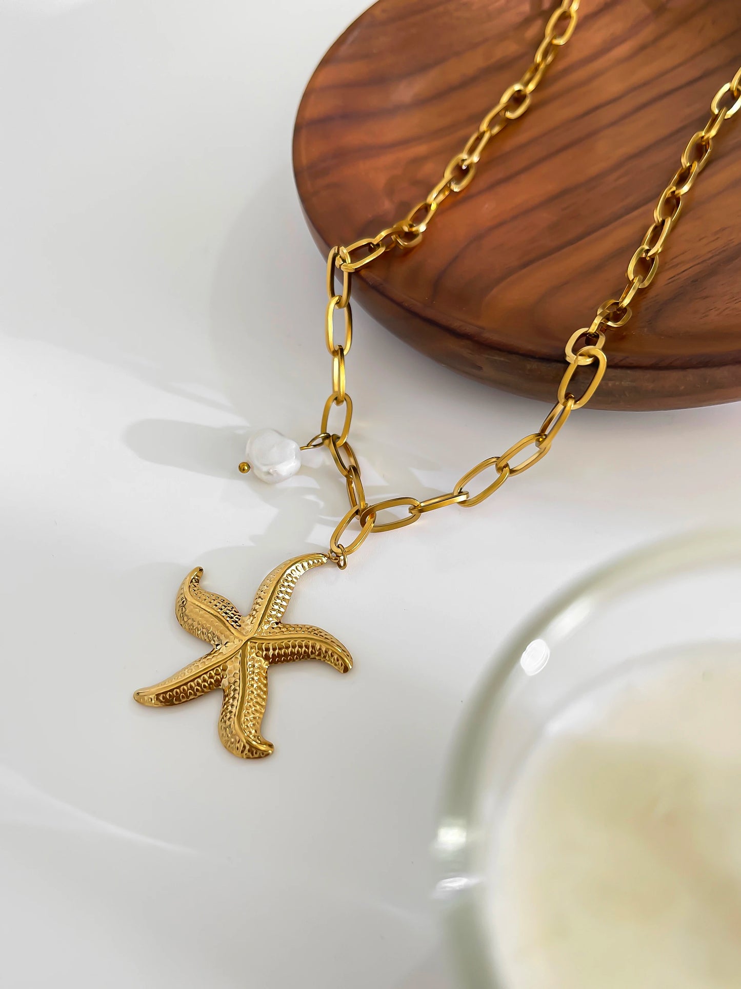 Peri'sbox 316L Stainless Steel Big Starfish Natural Freshwater Pearl Pendant Necklace for Women Trendy Summer Party Jewelry Gift