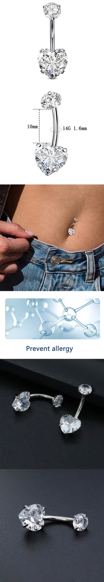 1 Pcs F136 Titanium Belly Button Nail Heart Zirconia 10mm Hanging Navel Ring One End Internal Thread Shiny Body Piercing Jewelry