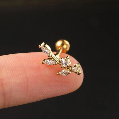 1PC New Curved Cz Cartilage Stud Moon Leaf  Helix Rook Conch Screw Back Earring Stainless Steel Bar Ear Piercing Jewelry