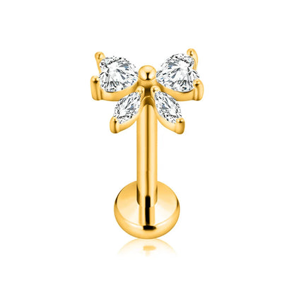 ASTM F136 G23 Titanium Butterfly CZ Threadless Piercing Daith Conch Tragus Flat Back Earring Pin Push in Lip Stud 16G 18G 20G