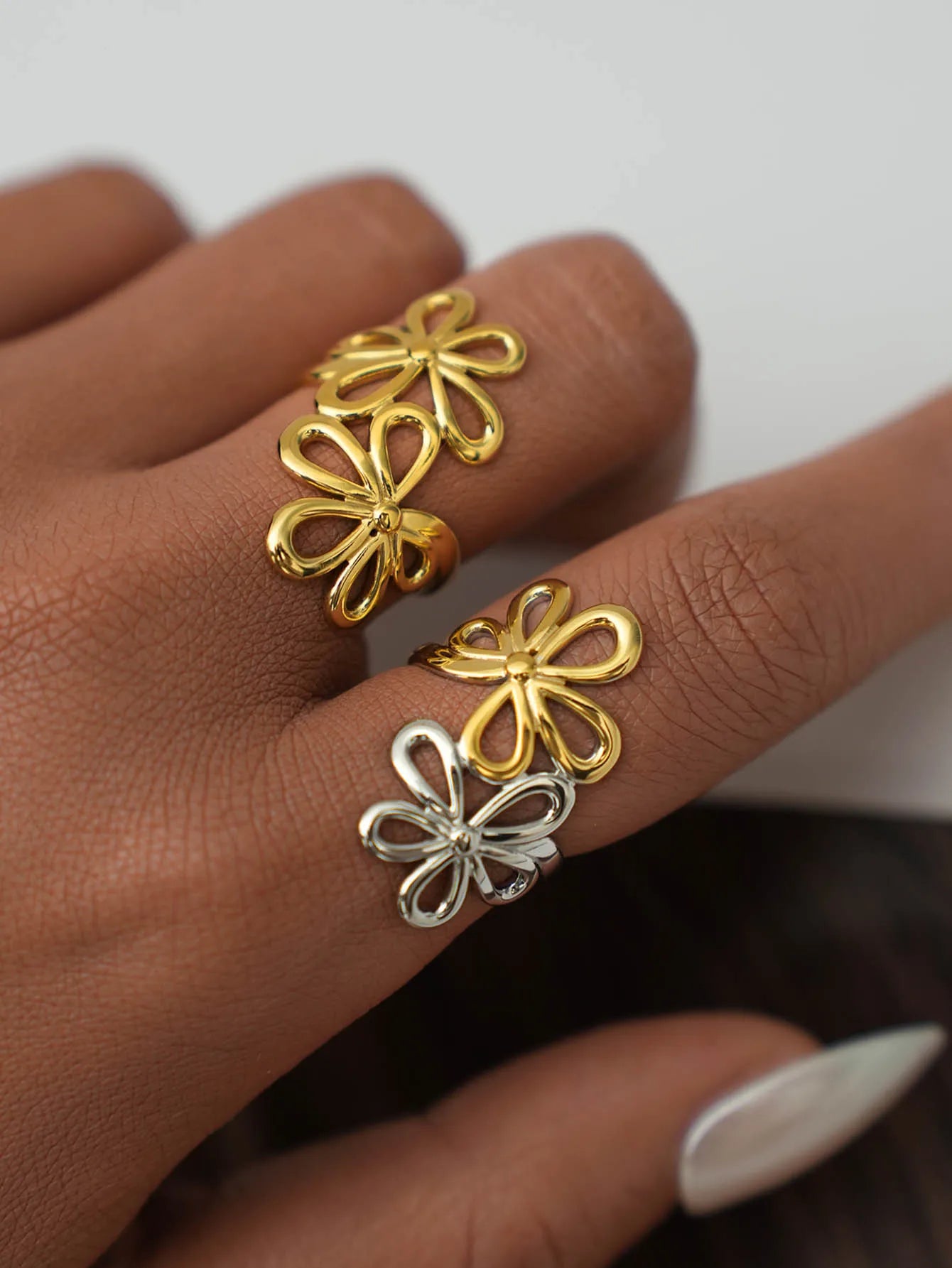 Irregular Flower Geometric Hollow Adjustable Open Rings For Women Stainless Steel Metal Trendy Charm Jewelry Accessories Gift