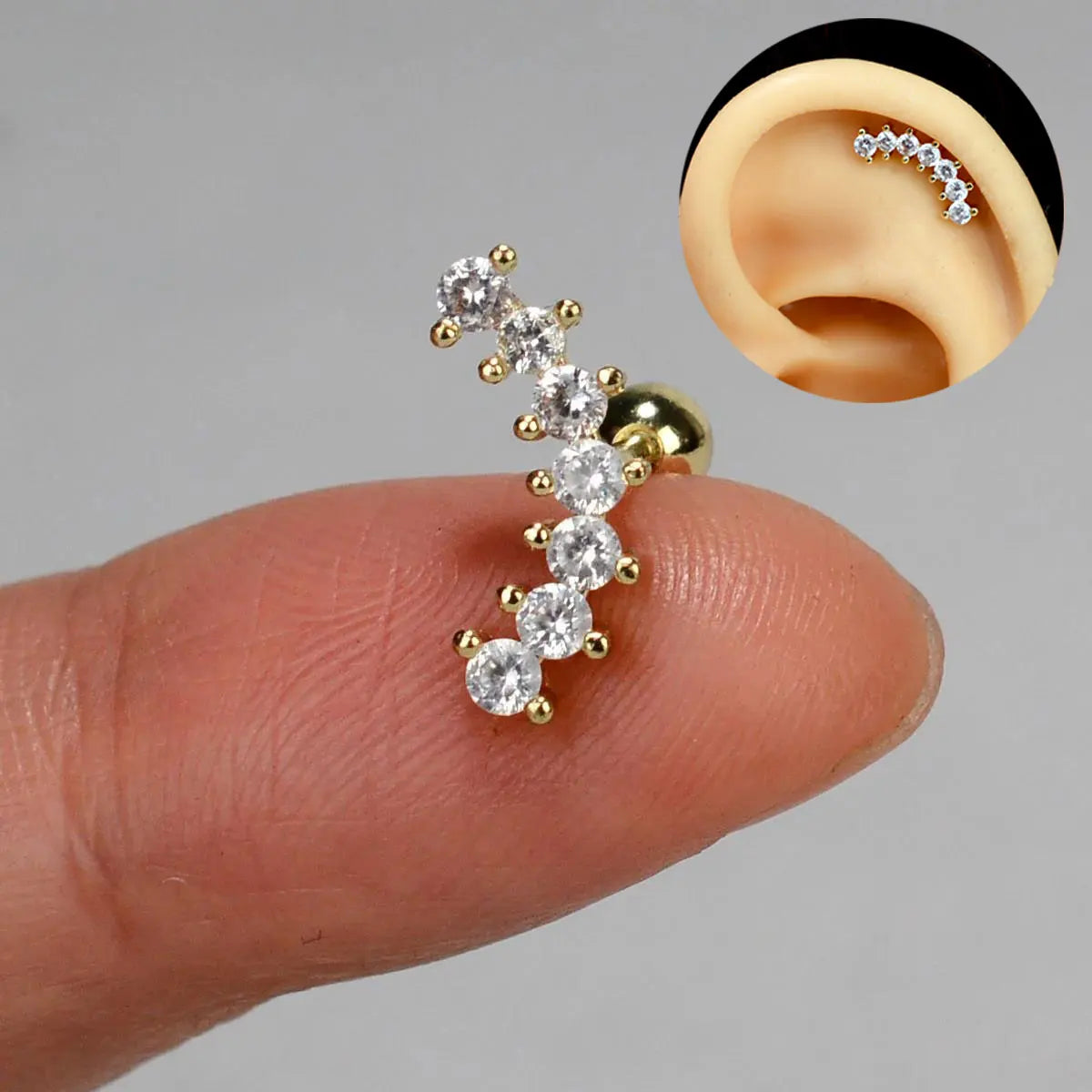 1PC New Curved Cz Cartilage Stud Moon Leaf  Helix Rook Conch Screw Back Earring Stainless Steel Bar Ear Piercing Jewelry