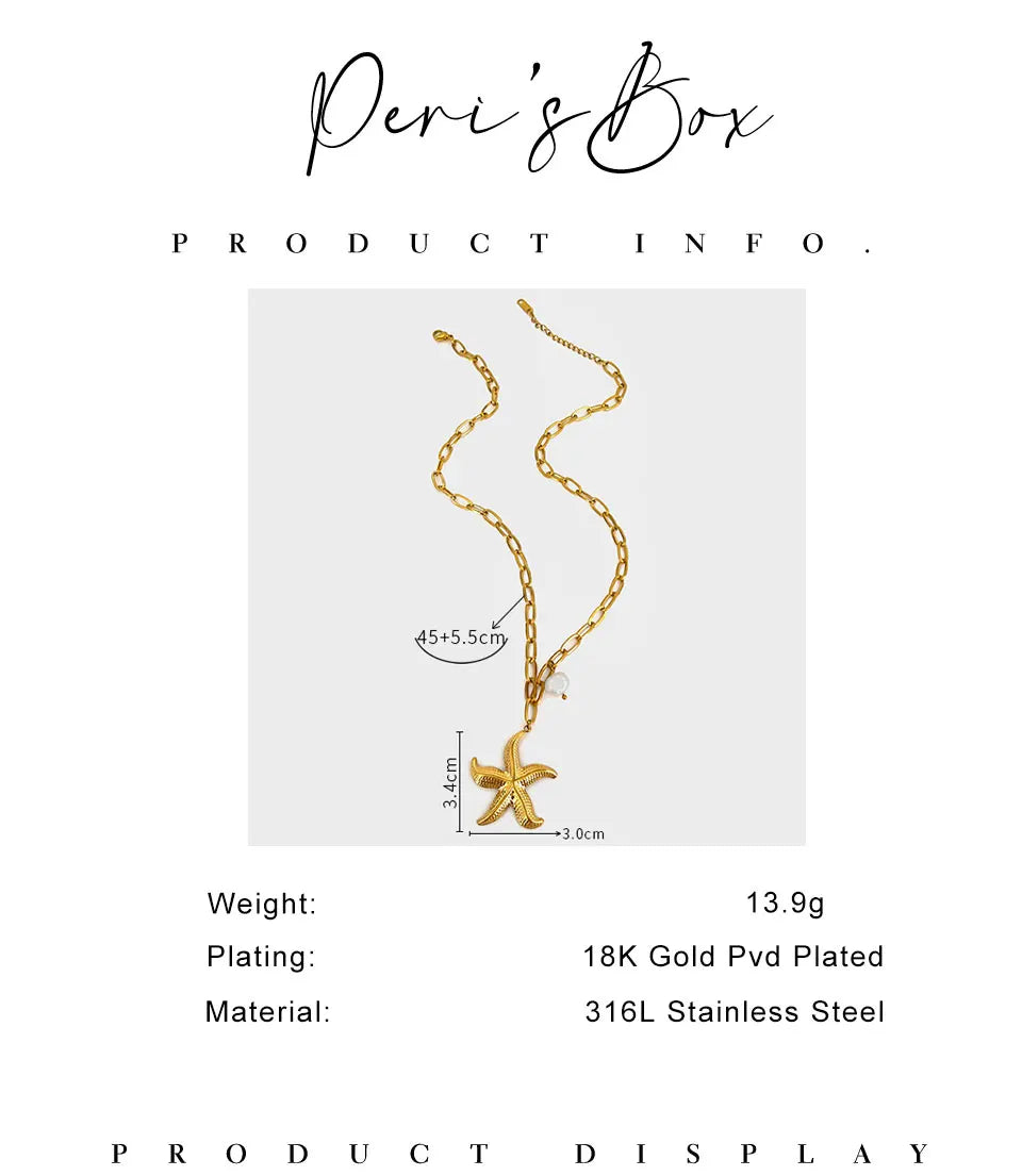 Peri'sbox 316L Stainless Steel Big Starfish Natural Freshwater Pearl Pendant Necklace for Women Trendy Summer Party Jewelry Gift