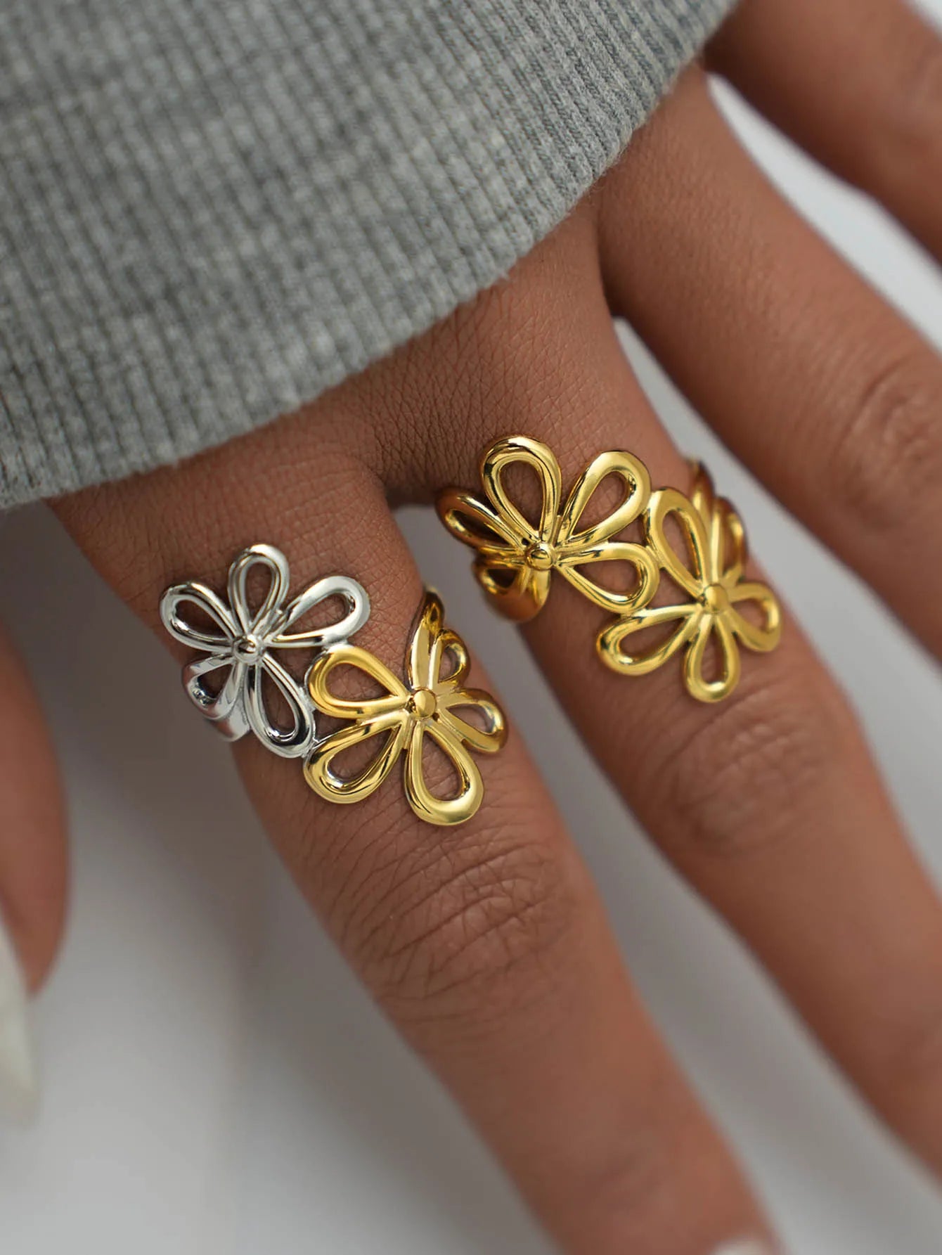 Irregular Flower Geometric Hollow Adjustable Open Rings For Women Stainless Steel Metal Trendy Charm Jewelry Accessories Gift