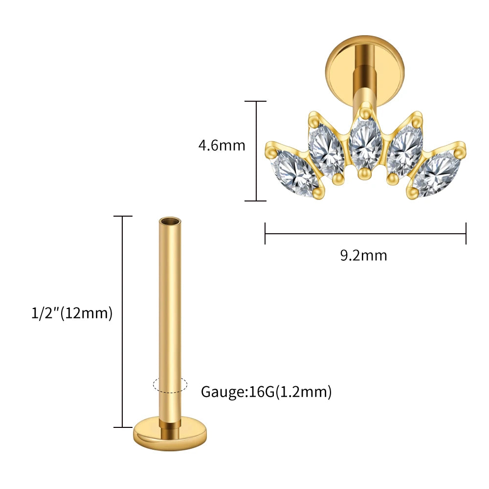 Right Grand ASTM F136 Titanium 5 Marquise CZ Crown Cartilage Earring 16G Cluster CZ Flat Back Helix Stud Nose Piercing Jewelry