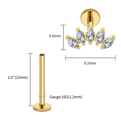 Right Grand ASTM F136 Titanium 5 Marquise CZ Crown Cartilage Earring 16G Cluster CZ Flat Back Helix Stud Nose Piercing Jewelry