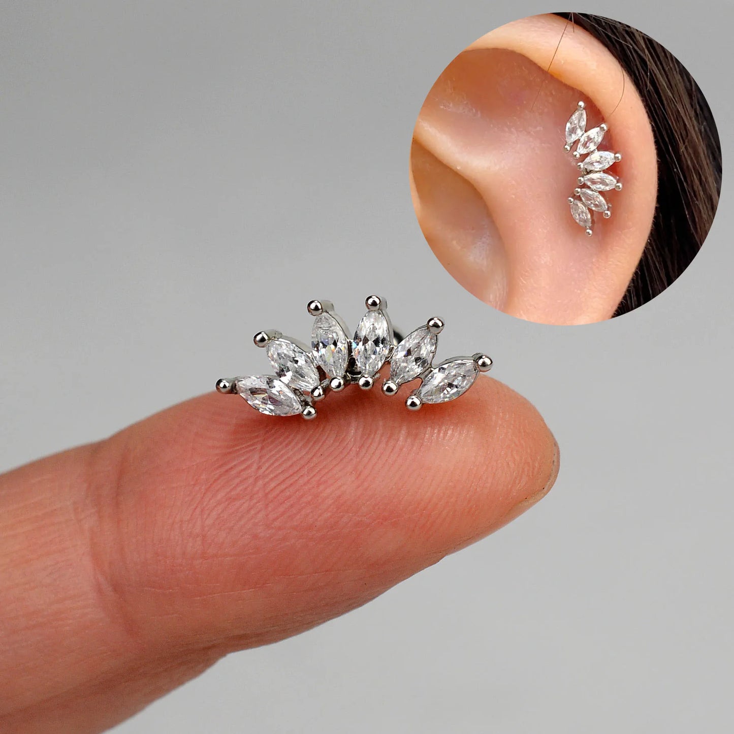 1PC New Curved Cz Cartilage Stud Moon Leaf  Helix Rook Conch Screw Back Earring Stainless Steel Bar Ear Piercing Jewelry