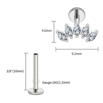 Right Grand ASTM F136 Titanium 5 Marquise CZ Crown Cartilage Earring 16G Cluster CZ Flat Back Helix Stud Nose Piercing Jewelry