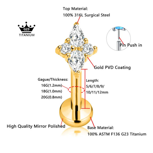 ASTM F136 G23 Titanium Star Teardrop Threadless Piercing Daith Conch Tragus Flat Back Earring Pin Push in Lip Stud 16G 18G 20G