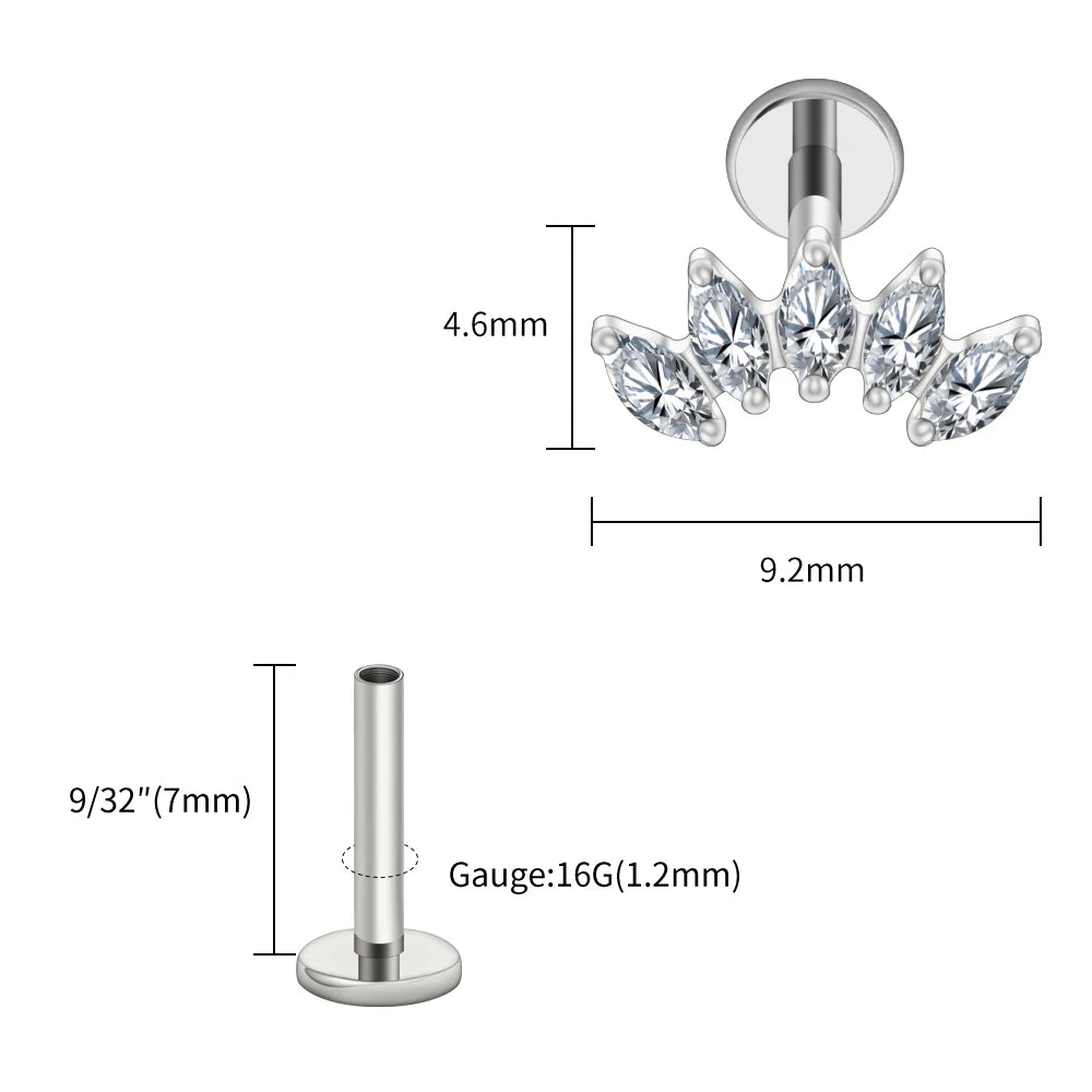 Right Grand ASTM F136 Titanium 5 Marquise CZ Crown Cartilage Earring 16G Cluster CZ Flat Back Helix Stud Nose Piercing Jewelry