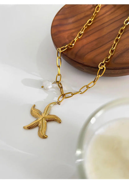 Peri'sbox 316L Stainless Steel Big Starfish Natural Freshwater Pearl Pendant Necklace for Women Trendy Summer Party Jewelry Gift