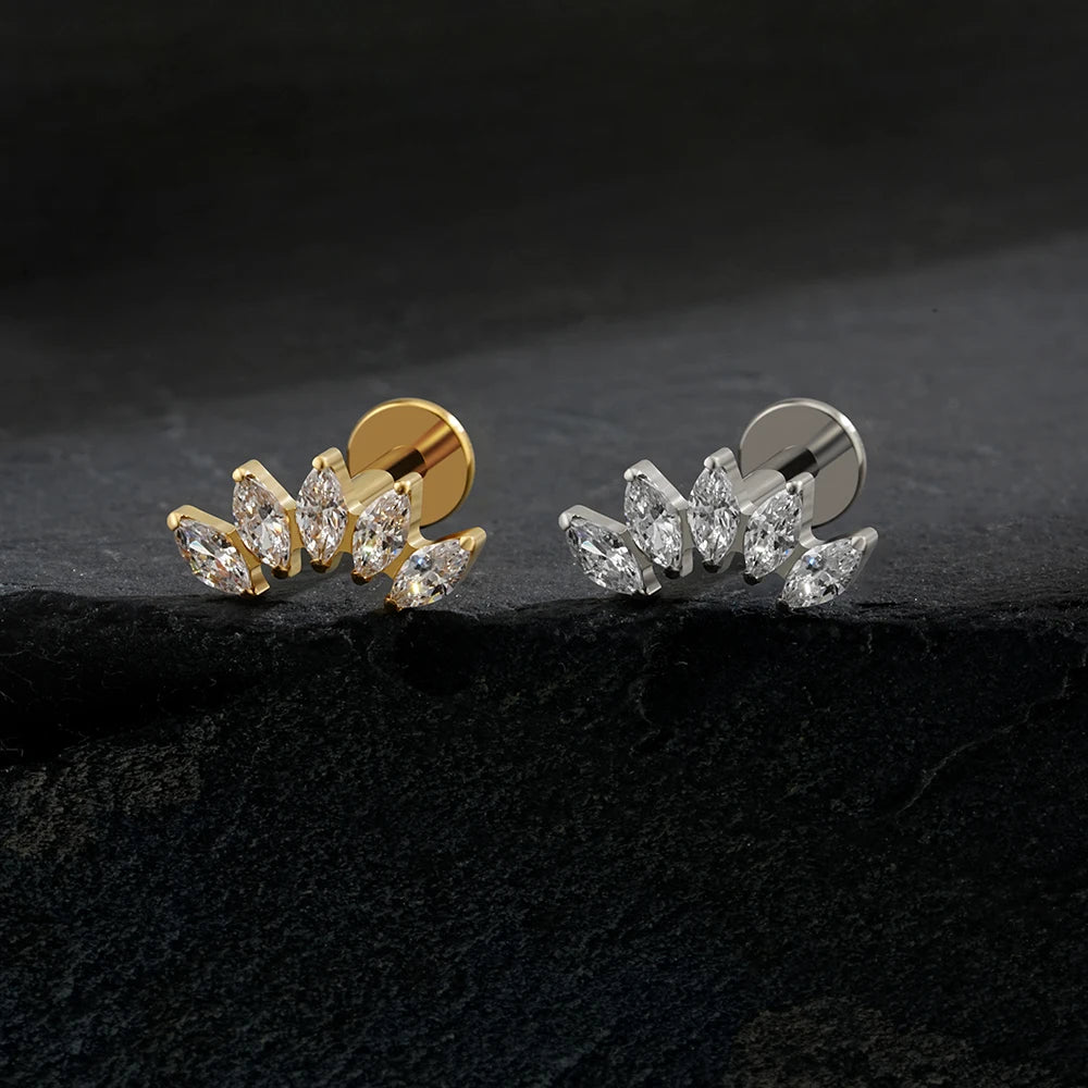 Right Grand ASTM F136 Titanium 5 Marquise CZ Crown Cartilage Earring 16G Cluster CZ Flat Back Helix Stud Nose Piercing Jewelry