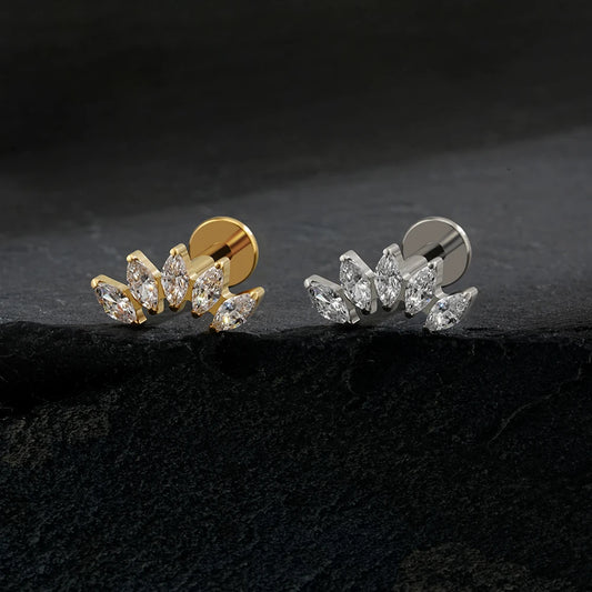 Right Grand ASTM F136 Titanium 5 Marquise CZ Crown Cartilage Earring 16G Cluster CZ Flat Back Helix Stud Nose Piercing Jewelry