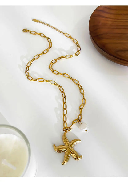 Peri'sbox 316L Stainless Steel Big Starfish Natural Freshwater Pearl Pendant Necklace for Women Trendy Summer Party Jewelry Gift