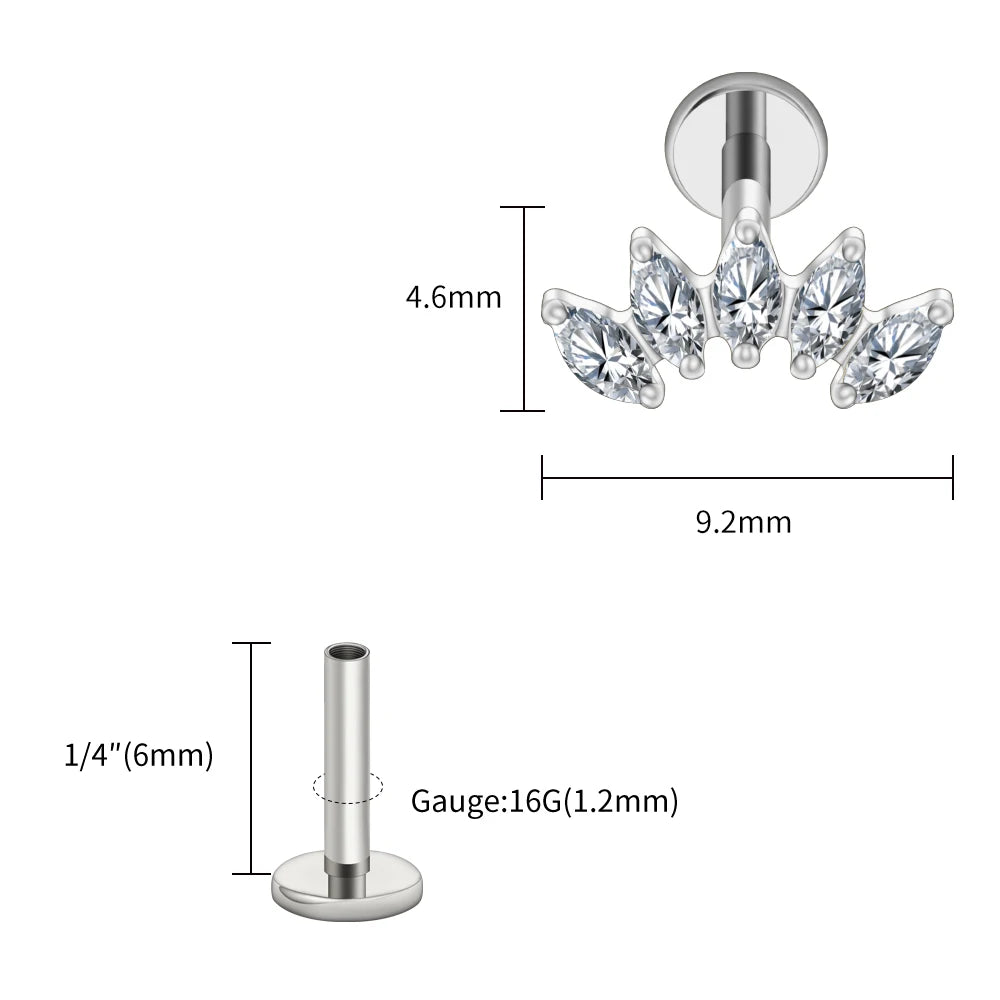 Right Grand ASTM F136 Titanium 5 Marquise CZ Crown Cartilage Earring 16G Cluster CZ Flat Back Helix Stud Nose Piercing Jewelry