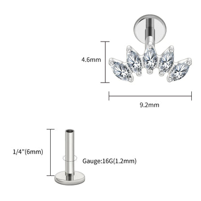 Right Grand ASTM F136 Titanium 5 Marquise CZ Crown Cartilage Earring 16G Cluster CZ Flat Back Helix Stud Nose Piercing Jewelry