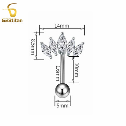 14G 6-16mm Length Titanium Barbell Silver Color Zircon Belly Button Ring Surgical Piercing Body Jewelry Women Accessory Gifts  ﻿