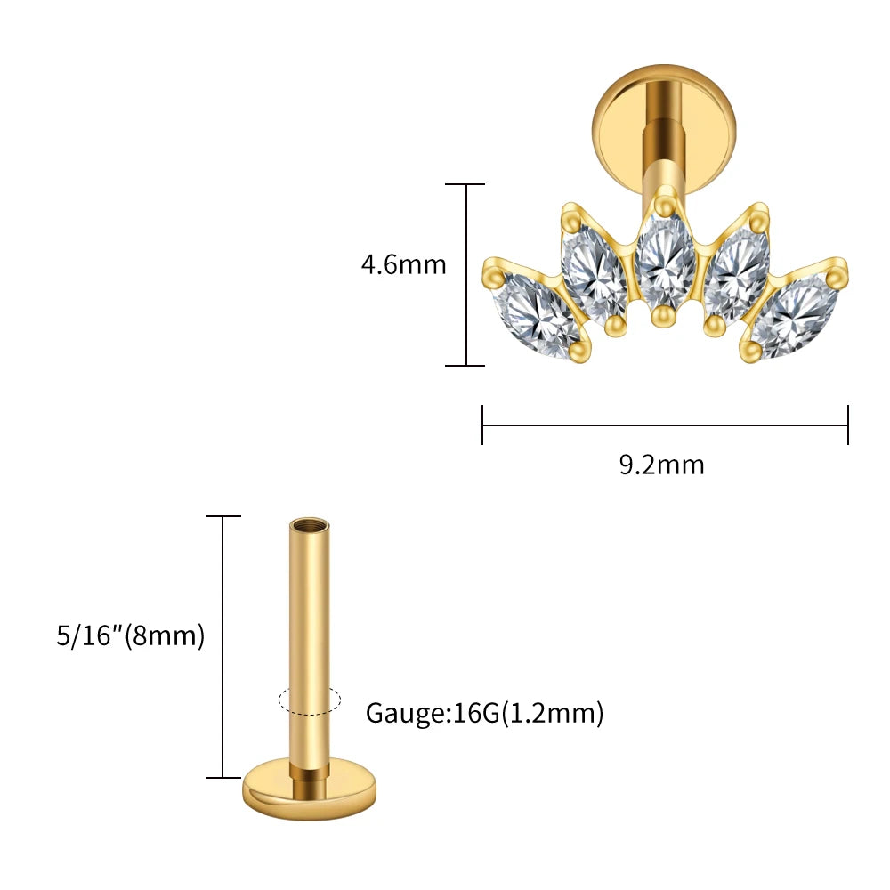 Right Grand ASTM F136 Titanium 5 Marquise CZ Crown Cartilage Earring 16G Cluster CZ Flat Back Helix Stud Nose Piercing Jewelry