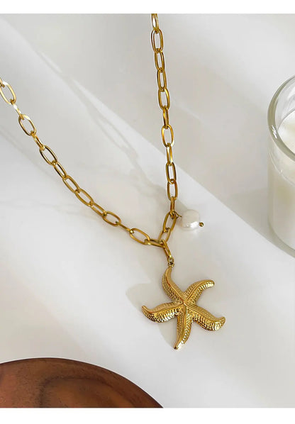 Peri'sbox 316L Stainless Steel Big Starfish Natural Freshwater Pearl Pendant Necklace for Women Trendy Summer Party Jewelry Gift
