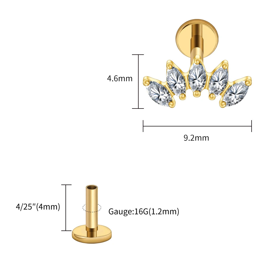 Right Grand ASTM F136 Titanium 5 Marquise CZ Crown Cartilage Earring 16G Cluster CZ Flat Back Helix Stud Nose Piercing Jewelry